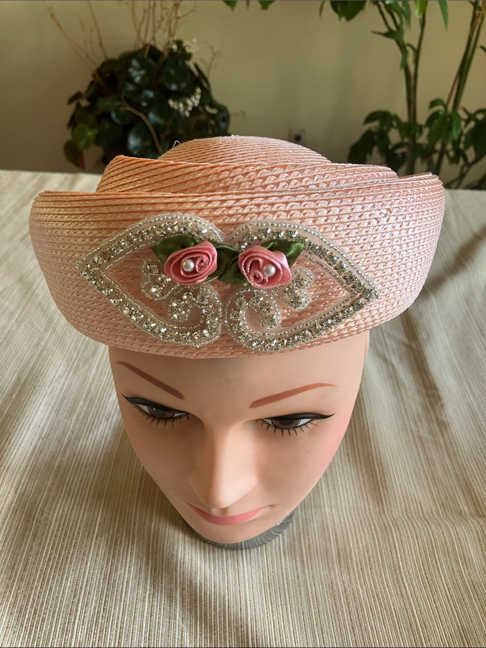 Elegant Peach Pillbox Hat with Peach Rose Accent and Silver Embellishment